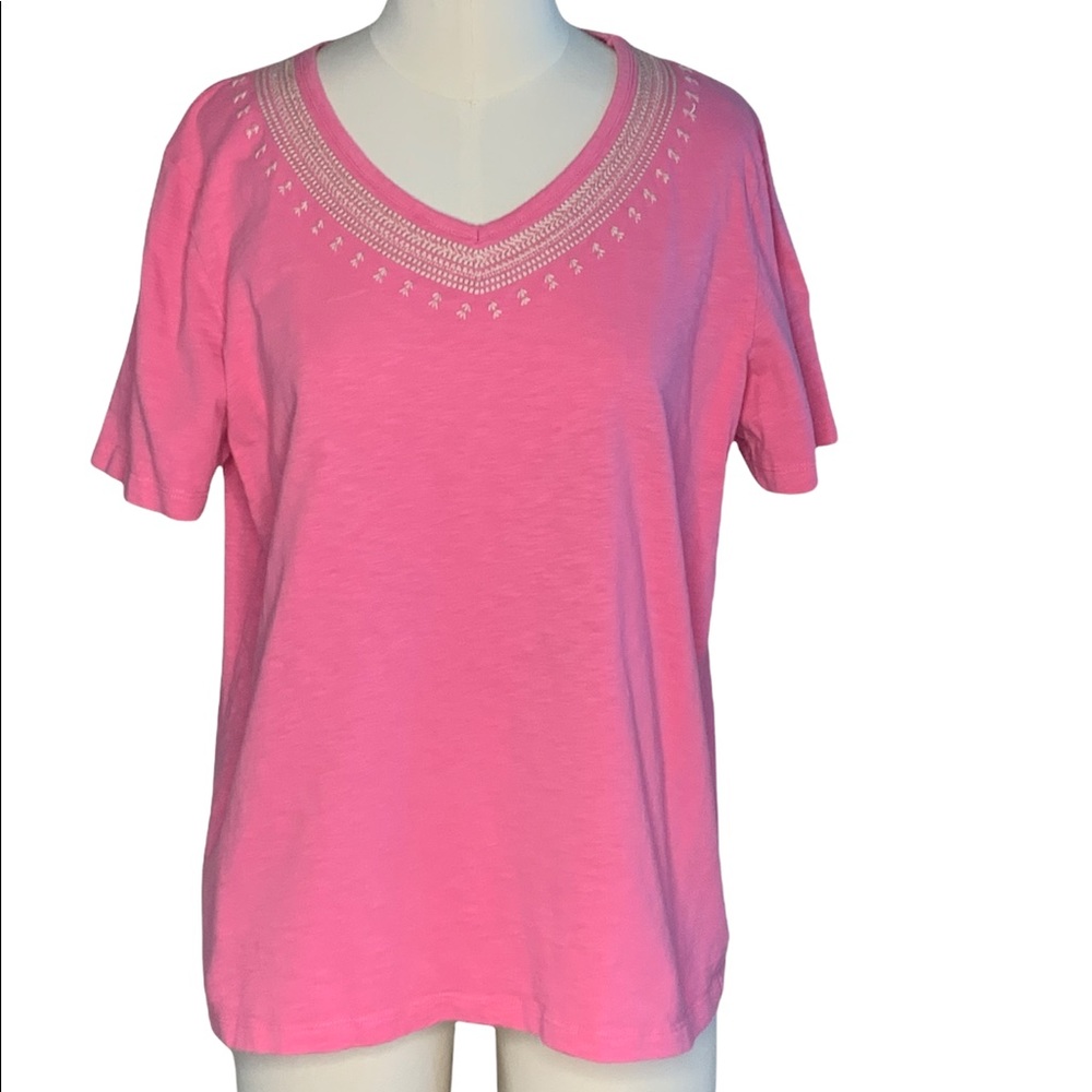 Hasting & Smith Womens Pink Embroidered Short Sleeve V-Neck TShirt Size L